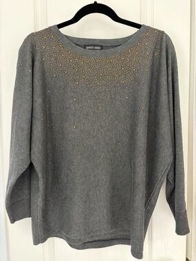 Kenneth Cole Gray Crewneck Sweater with Gold Studs